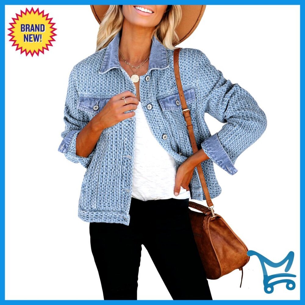 Distressed Denim Jacket Women's Long Sleeve Button Down Trucker with Pockets